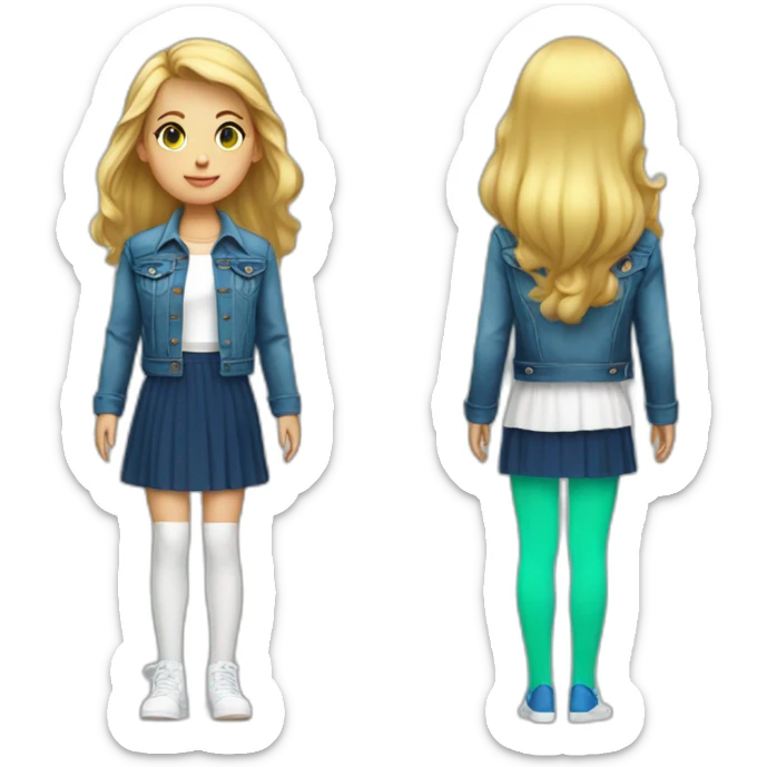 Blonde girl with bang and tail, in blue denim jacket, white T-shirt, green tights and elongated blue chiffon skirt sticker