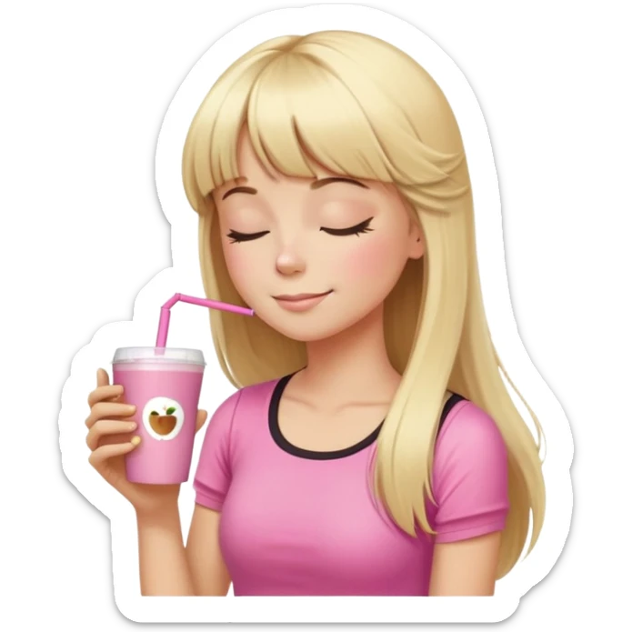 chica con un top rosa de gimnasio y pelo rubio largo con flequillo. el emoji está dibujado como los emojis de apple. la chica está absorbiendo un café con leche a través de una pajita. tiene cara de que el café está rico. tiene los ojos cerrados y se la ve de perfil  sticker