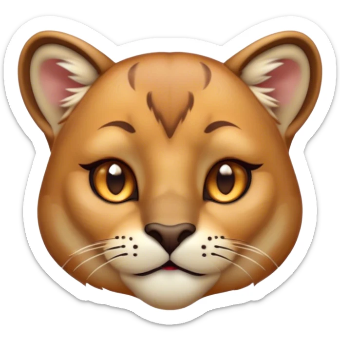 Cinematic Cute Cougar Portrait Emoji, Head tilted playfully and inquisitively, featuring a glossy, tawny Fur with delicate dark markings and round, sparkling amber eyes filled with curious mischief, Simplified yet irresistibly adorable features, highly detailed, glowing with a warm, friendly glow, high shine, affectionate and agile, stylized with a touch of wilderness whimsy, bright and endearing, soft glowing outline, capturing the essence of a mischievous yet loving cougar, so playful it feels like it could prowl out of the screen and into your arms! sticker
