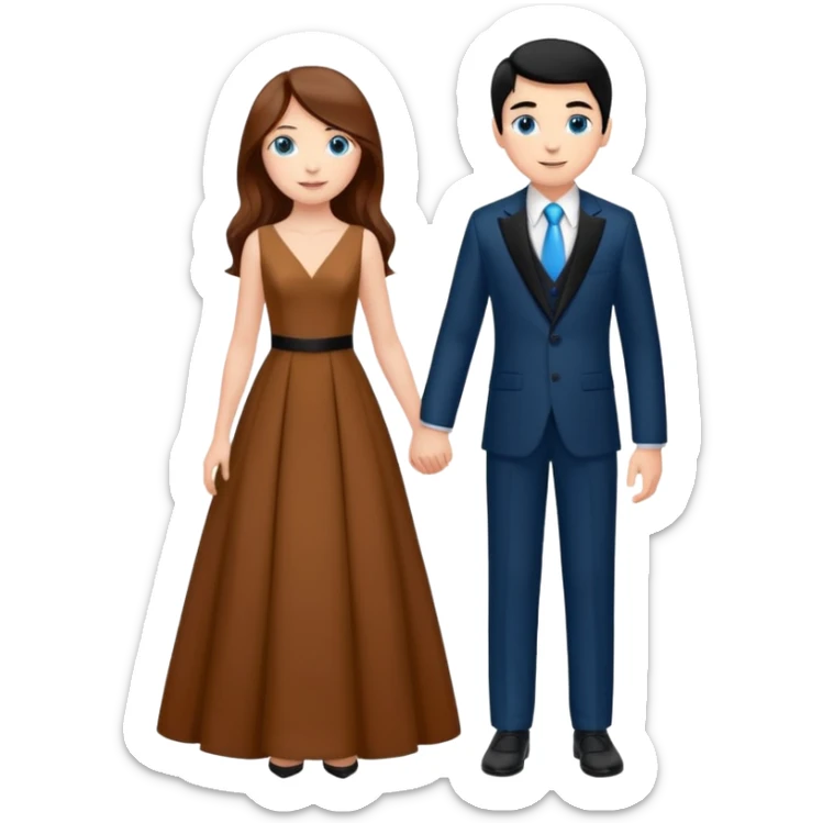 full-length happy couple, girl with long chestnut hair and blue eyes in formal gown, boy with black hair in suit sticker