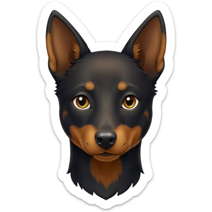 Cinematic Noble Black and Tan Kelpie Portrait Emoji, Poised and regal, with a strong, agile build and a glossy, well-groomed Fur of deep black and tan accents, piercing dark eyes, Simplified yet sharp and sophisticated features, highly detailed, glowing with a soft, dignified glow, high shine, intelligent and energetic, stylized with an air of determination, focused and attentive, soft glowing outline, capturing the essence of a watchful and confident herder, so majestic it feels as though it could bound out of the screen with effortless authority! sticker