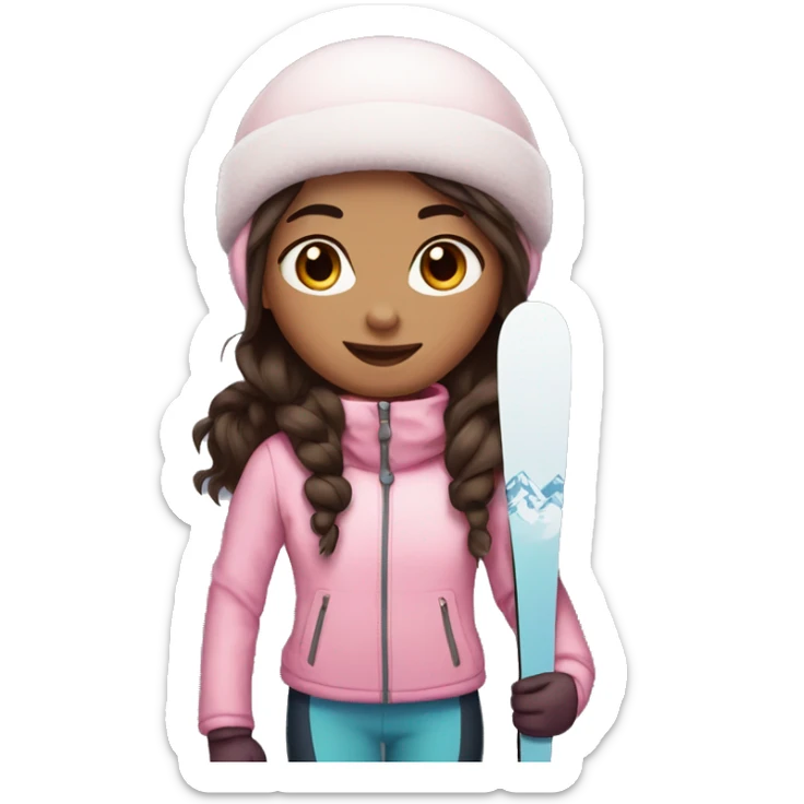 Light pink, snowy, ski girl with brown eyes standing with skis and dark brown hair sticker