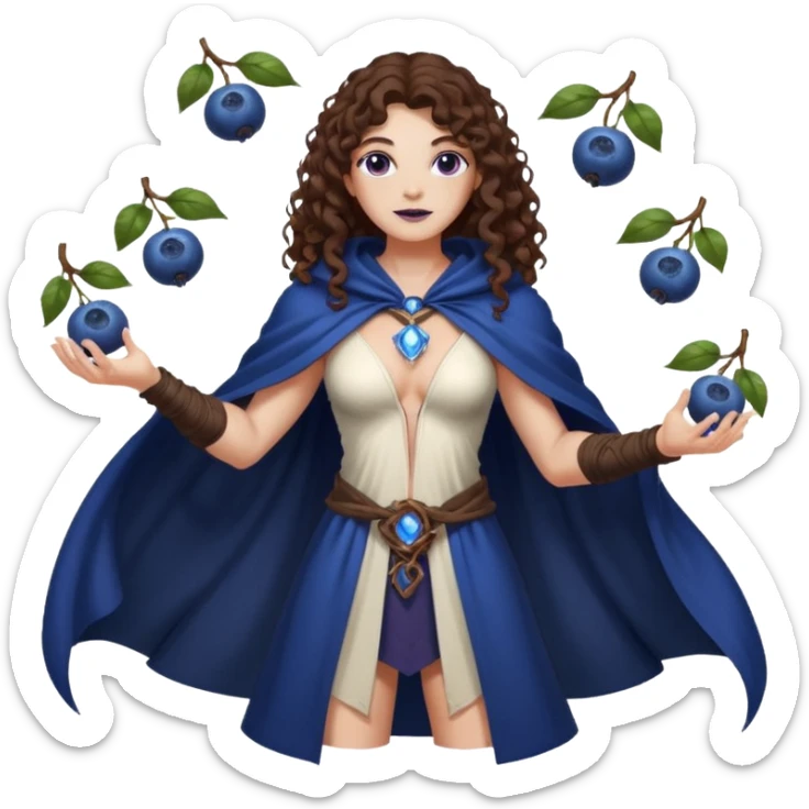 full body woman long curly brown hair brown eyes white skin tattoos muscular build blueberry forest mage cloak, glowing berry orbs floating sticker
