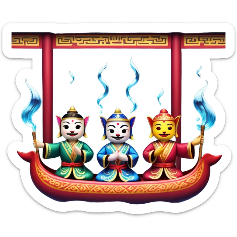 Cinematic Realistic Water Puppetry Emoji, depicted as a whimsical scene of traditional water puppets performing on a reflective water stage, rendered with vivid textures and dynamic playful lighting that captures its enchanting charm. sticker