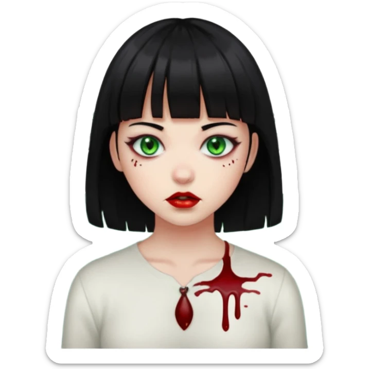 Guria com cabelo preto franjinha sangrando olhos verdes  fundo preto e um piercing bridgepiercing sticker