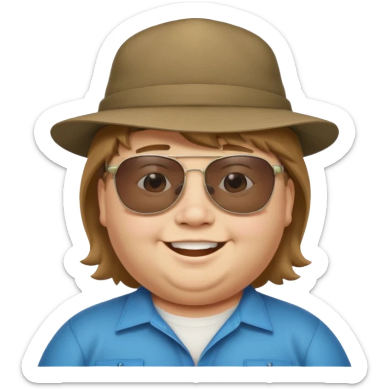 a very fat 16 year old boy who has light brown hair and a mullet and wearing a hat with upside down sunglasses on top of the hat sticker