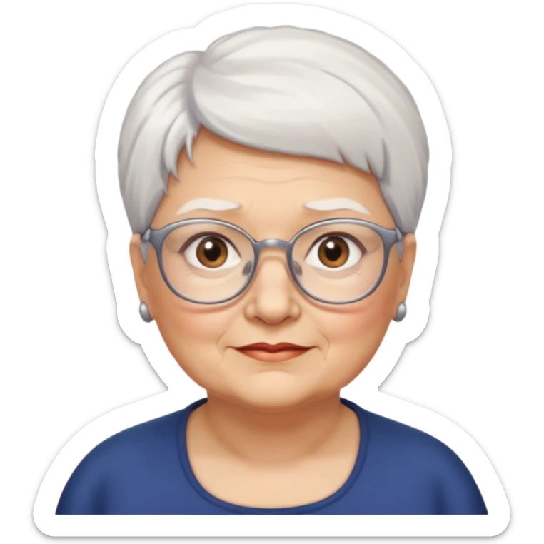 Create me emoji of an old mid-fat lady. Short white hair to left side. Square glasses. Brown eyes. No earings sticker