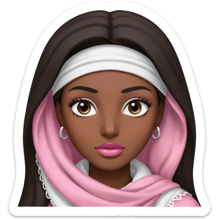 A woman with long, dark hair wears white keffiyeh, giving her a graceful and cultural look. Her makeup is well-done, with defined eyebrows and soft pink lips, enhancing her striking features. The dim lighting and blurred background create a warm, intimate atmosphere. sticker