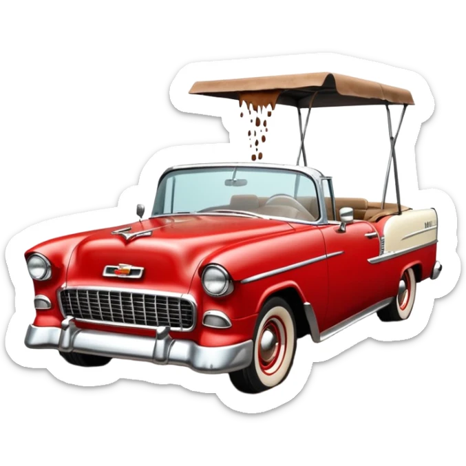 1955 Chevrolet Bel Air Convertible, Red-White color, with a bucket of brown mud pouring down on it, and the car itself is covered in brown mud on the sides that has stuck. 32x32 pixels, aspect ratio: 1:1 sticker