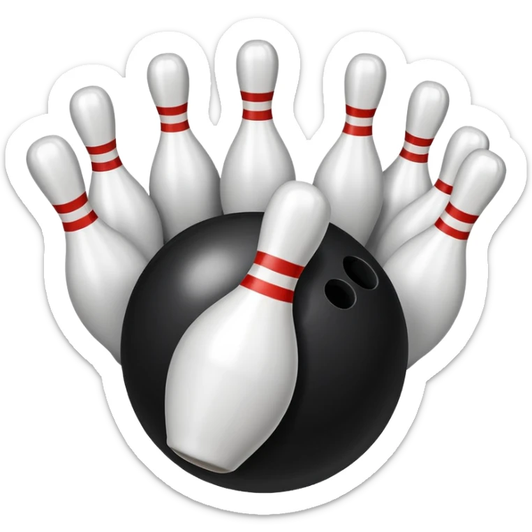 A bowling ball rolling down the lane towards a set of pins, with the pins poised to fall. The scene is set in a bowling alley with bright lights and a polished wooden floor, capturing the excitement and precision of the sport. sticker