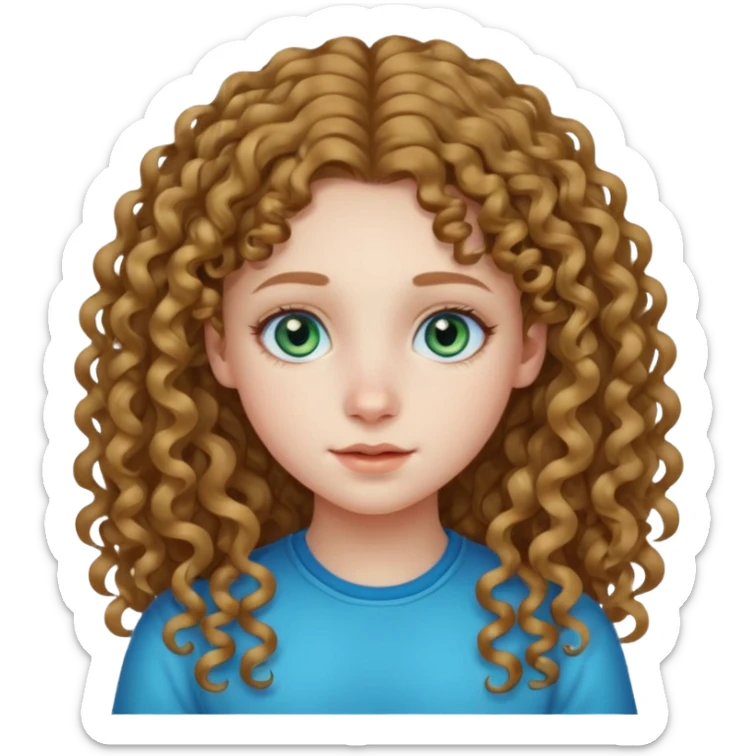 A teenage girl with curl longgg hair and a middle part with blue green eyes and a small nose with pale skin sticker