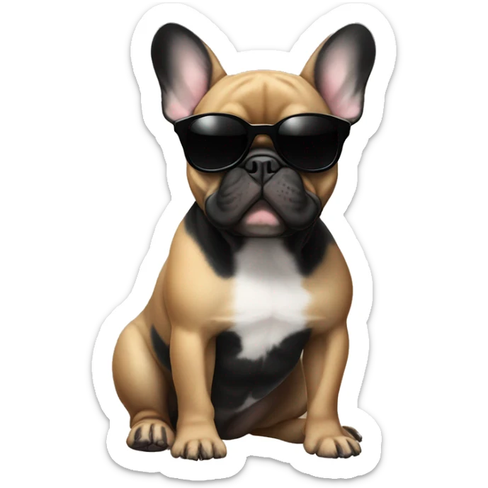French bulldog with black body and ears and tan paws and belly with sunglasses sticker
