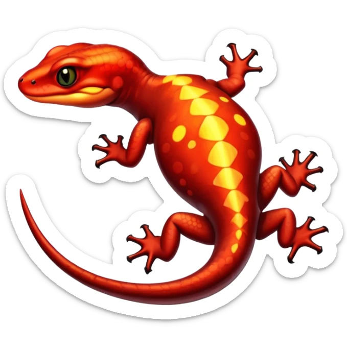 Salamander with black scales and fiery red flashes on its body, sleek and reptilian appearance sticker