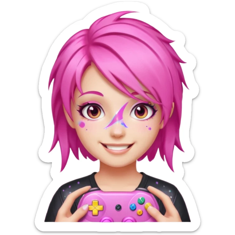 glitter pink gamer girl happy pink hair sticker