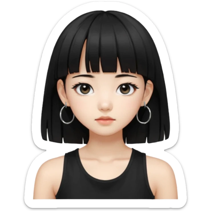 Korean girl, black tank top, black hair, black eyes, layered hair, cool girl, aesthetic, long hair, hime cut, blunt bangs, small silver hoop earrings sticker