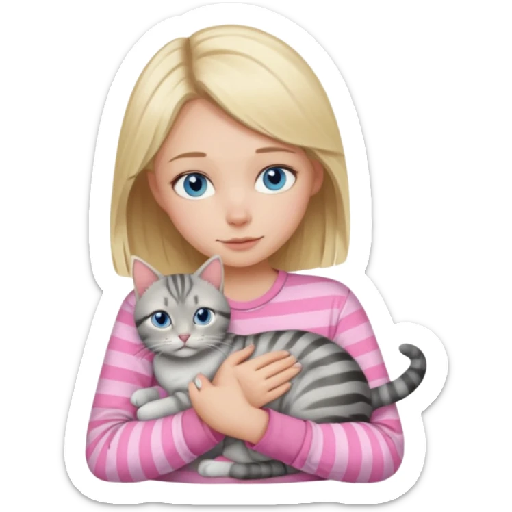 Blonde girl with blue eyes in pink shirt cuddling with grey tabby cat with dark grey stripes sticker