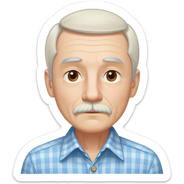 Skinny man in his 70s with fair skin. Long narrow face. Gentle light brown eyes. Fine straight white hair with light bangs, hair length extends below the ears. Thin eyebrows. White goatee connected to mustache. Slender appearance. Wearing a light blue and beige checkered button-up shirt. sticker