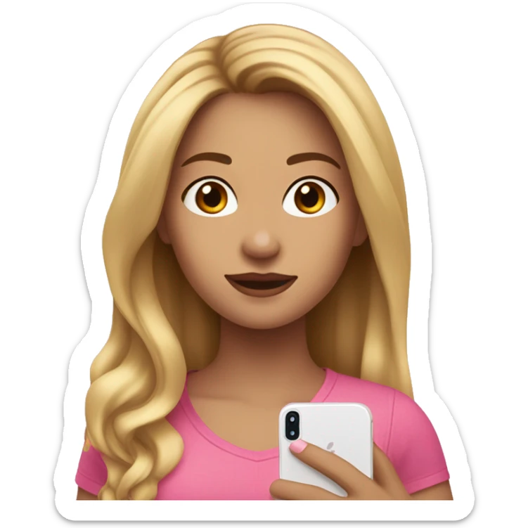 Girl with medium brown hair, a blonde strand in front, wearing pink with an iPhone 15 in her hand sticker