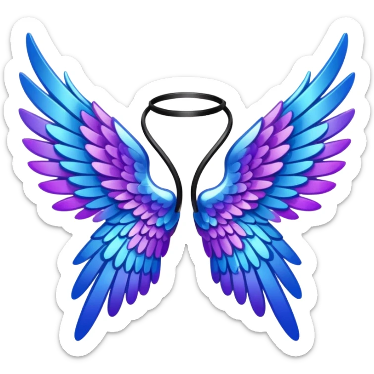shimmering crystal angel wings, black tips with purple and blue accents, emoji style sticker