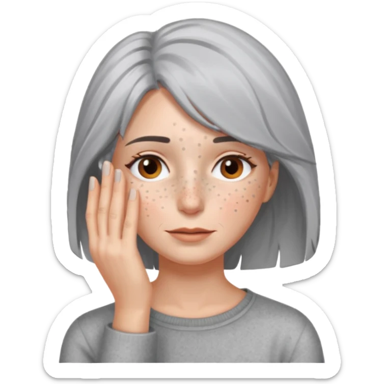 woman with gray hair and 1 palm of hand covering face sticker