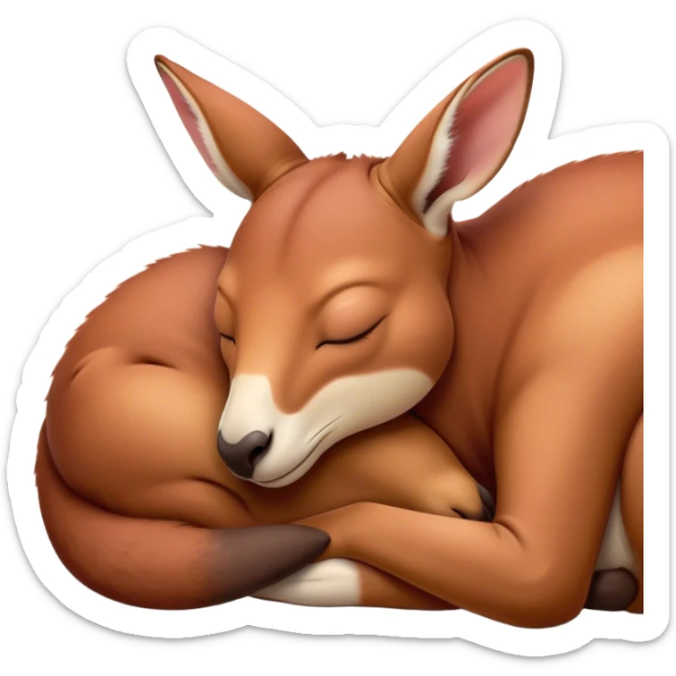 Meme-Worthy Cute Sleeping Adult Red Kangaroo Portrait Emoji, Head resting peacefully with a contented smile, showcasing a solid, reddish form with a characteristic red kangaroo-shaped head featuring a soft, elongated snout and small, relaxed ears, eyes shut in a serene, restful nap, Simplified yet adorably endearing features, highly detailed, glowing with a soft, drowsy outback light, high shine, relaxed and utterly lovable, stylized with an air of playful laziness, soft glowing outline, capturing the essence of a sleeping kangaroo that feels destined to become the next viral icon of adorable rest! sticker