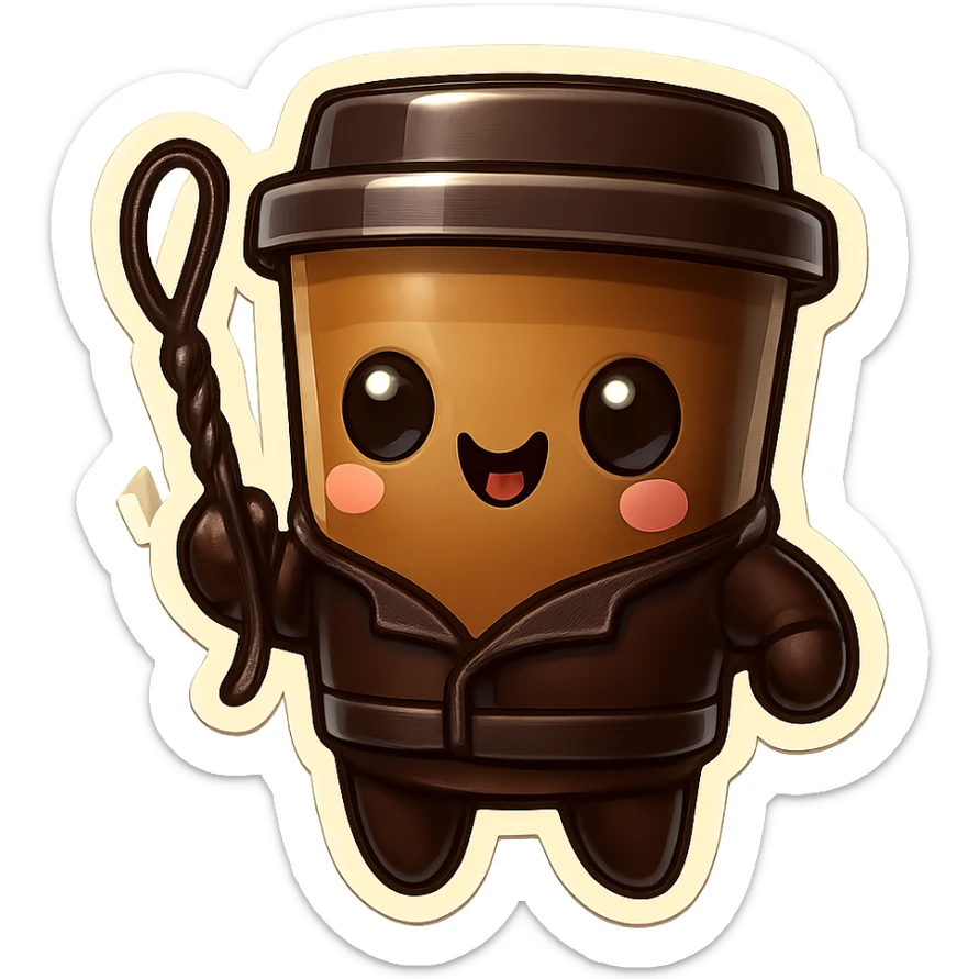 Tall coffee cup, dressed in leather holding a whipping crop sticker