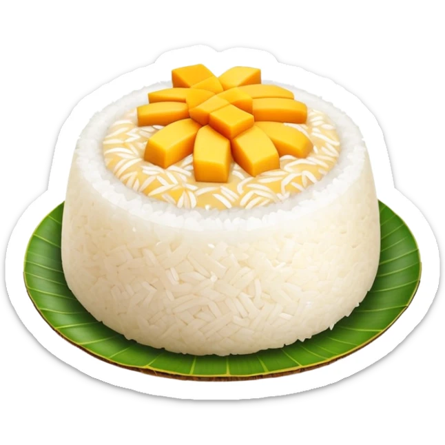 cinematic-realistic-mango-sticky-rice-dessert-emoji,-showcasing-sweet-sticky-rice out of a mould-paired-with-ripe-mango-slices-and-coconut-milk-rendered-with-lifelike-detail-and-warm,-inviting-lighting with the coconut  milk over the rice sticker