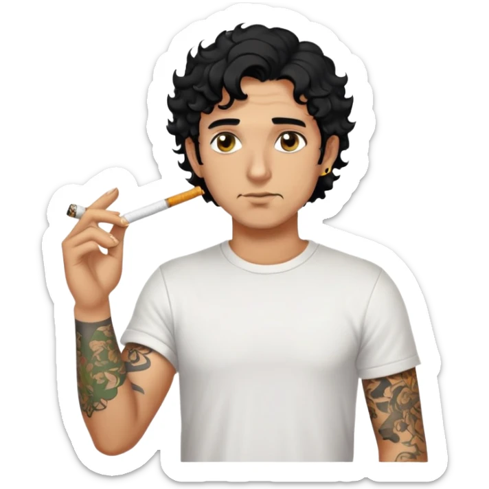 Italian man with tanned skin, curly black hair in short bob style, stubble, olive eyes, gold earring in left ear, white t-shirt, black tattoo on forearm, smoking cigarette sticker