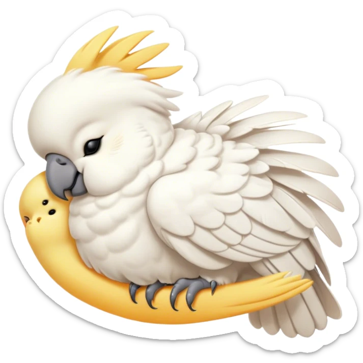Meme-Worthy Cute Sleeping Cockatoo Portrait Emoji, Head resting peacefully with a contented smile, showcasing a softly feathered body with a gently drooping crest and eyes closed in serene slumber, Simplified yet adorably endearing features, highly detailed, glowing with a soft, drowsy tropical light, high shine, relaxed and utterly lovable, stylized with an air of playful laziness, soft glowing outline, capturing the essence of a sleeping cockatoo that feels destined to become the next viral icon of adorable rest! sticker