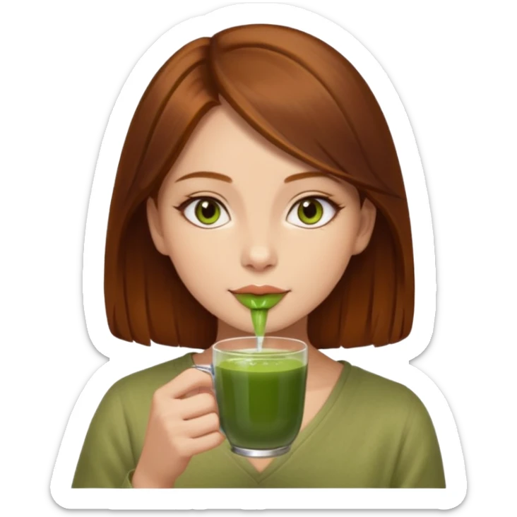 beautiful brunette with a slightly auburn hair color, with dark hazel eyes (let's call her kami), sipping matcha sticker