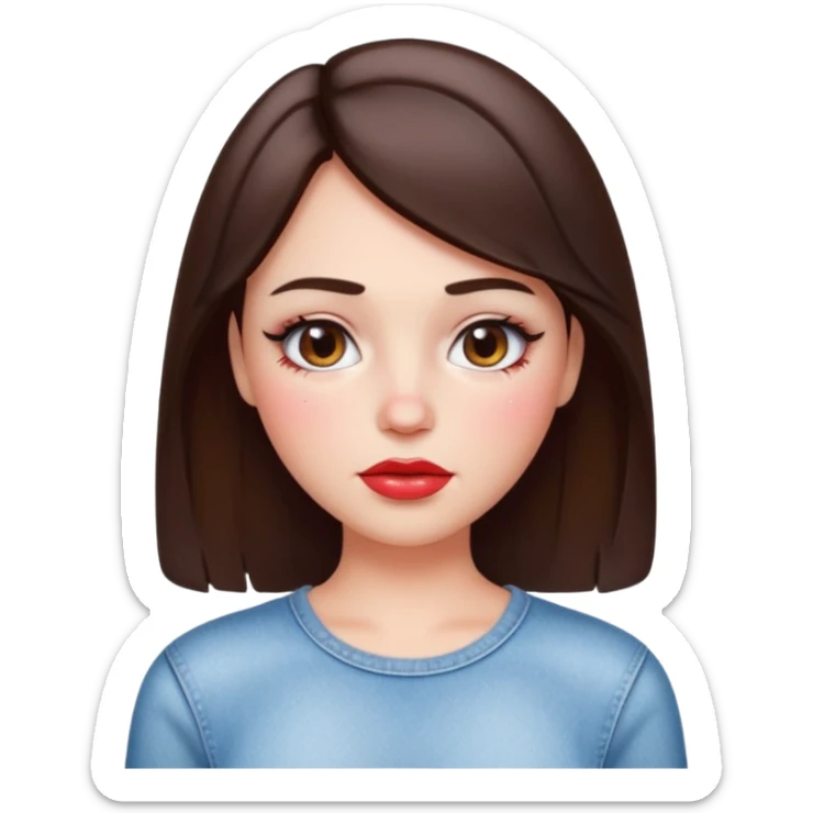 “Emoji brunette girl white top, dewy skin, heavy blush across cheeks and nose bridge, glossy cherry lips, soft eyeliner, teary sparkling eyes like hanni from new jeans sticker