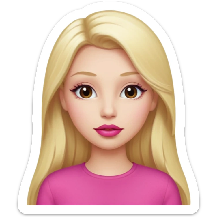 a girl with long eyelashes a pink outfit, long blonde hair, and big lips with red lipstick sticker