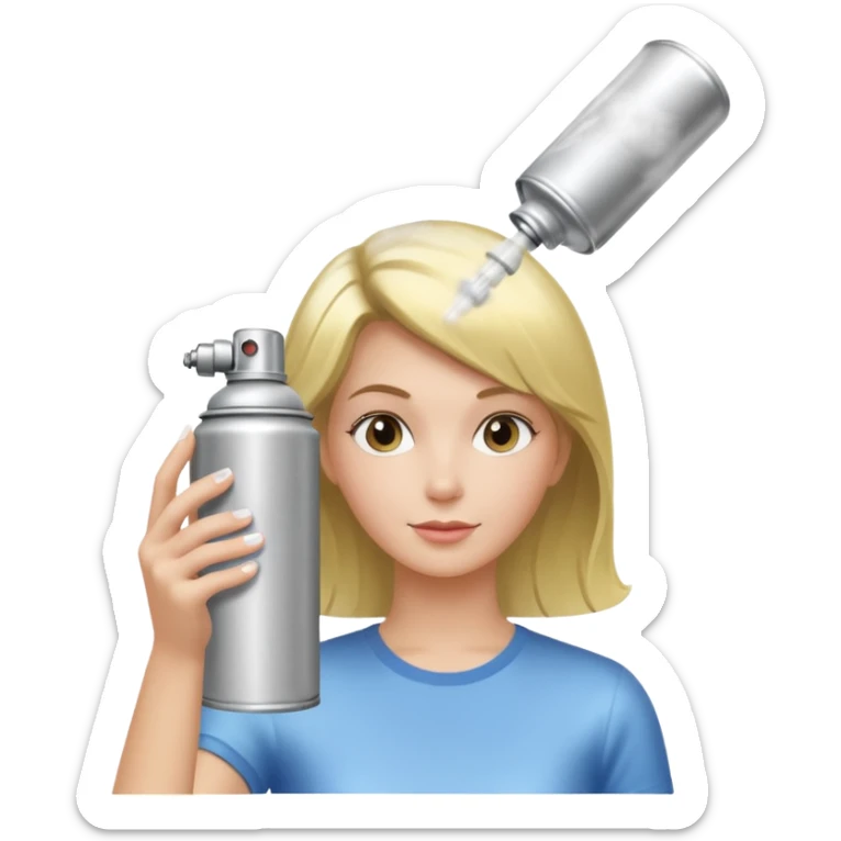 In her hand - a classic aerosol hairspray can (metallic cylinder, small spray nozzle on top). The can is spraying fine mist particles toward her hair, clearly visible as light translucent spray cloud. sticker
