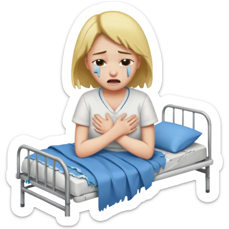 Mulher jovem chorando muito em cima de uma maca de hospital com as roupas rasgadas sticker