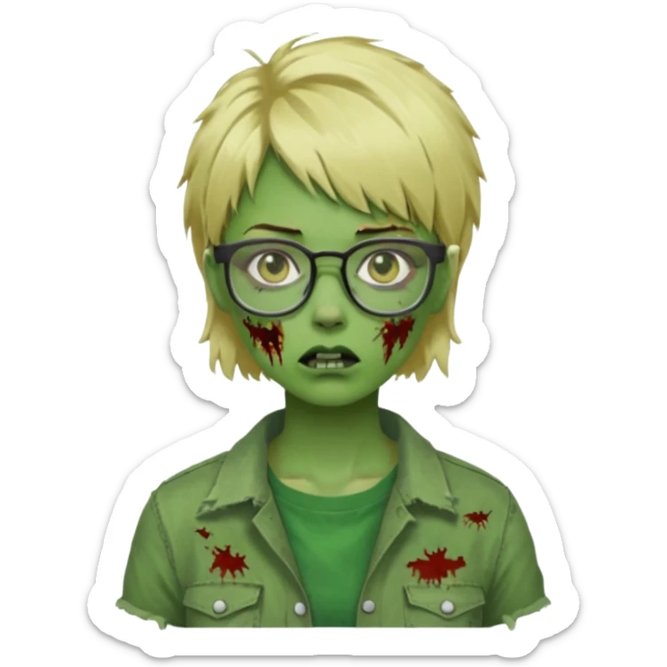 a green girl masc zombie with glasses and short blonde hair like a mullet sticker