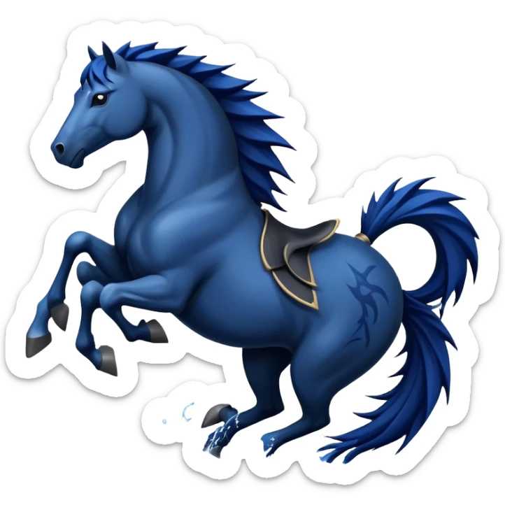 Ninja water horse, black horse body, dark blue watery accents, sharp spikes along mane and tail, fierce warrior pose sticker