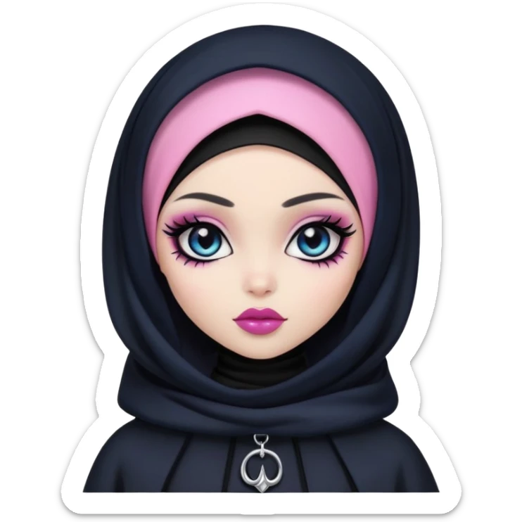 pretty bratz girl, black hijabi, dark blue eyes, pink lips, black eyeliner, pale skin, black gothic clothes sticker