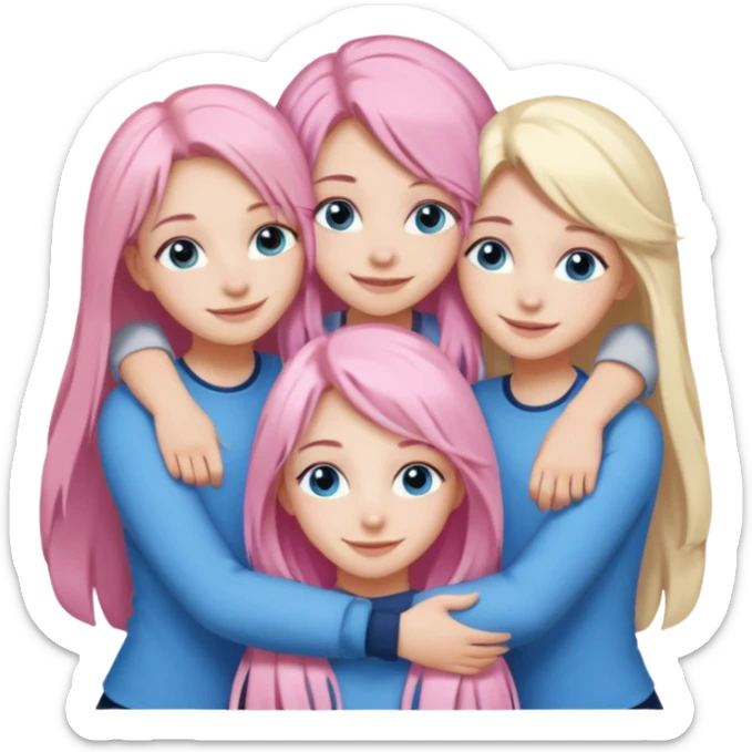 four white grips hugging and smiling    One girl with long light pink hair and blue eyes, one girl with blue eyes and light blonde hair, and 2 girls with brown eyes and long dark brown hair. sticker