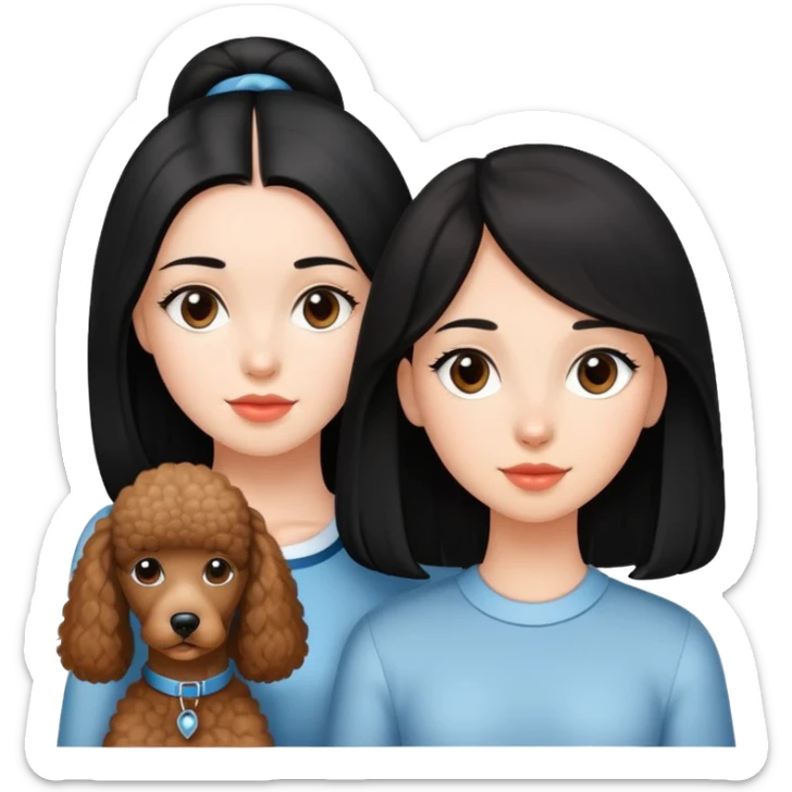 A beautiful and well-behaved girl with fair skin has long straight black hair and a brown Poodle. sticker
