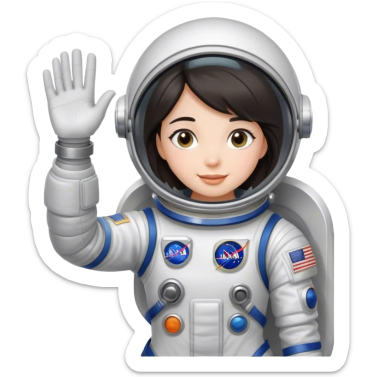 girl with dark hair waving wearing spacesuit sticker