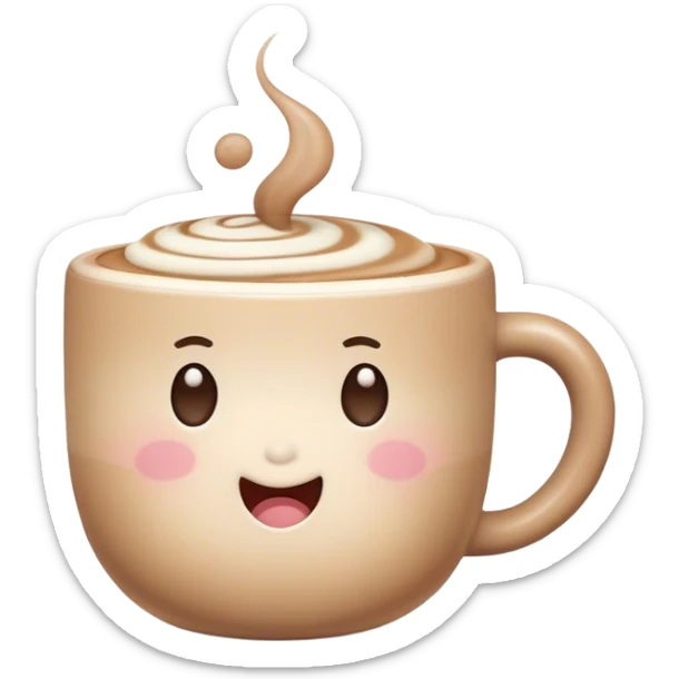 Cute Kawaii Coffee Cup, cozy and warm, a tiny swirl of steam shaped like a heart, round chubby face with a sleepy but content expression, soft pastel brown and cream colors, perfect morning vibes! sticker
