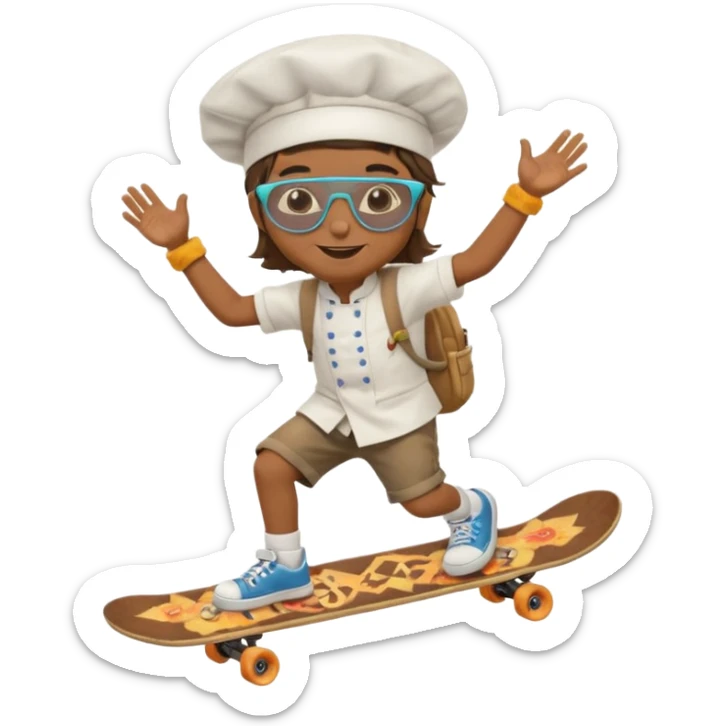 ["A happy boy with brown skin, straight hair, wearing a chef hat and sunglasses, dressed in hippie fashion, is skateboarding while holding a backpack."] sticker