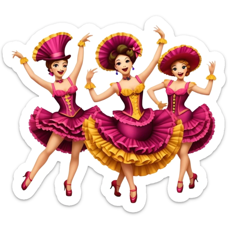 Cinematic Realistic Can-can Dance Emoji, depicted as a lively cabaret dance scene with flouncy costumes and dynamic energetic movement, rendered with vibrant textures and playful theatrical lighting that captures the spirit of French cabaret. sticker