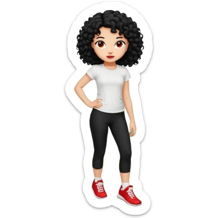 generate a pretty bratz fair skinned girl with curly black hair wearing a white tshirt trekking on a hill with red sneakers on and black leggings.  Put a hill behind her sticker