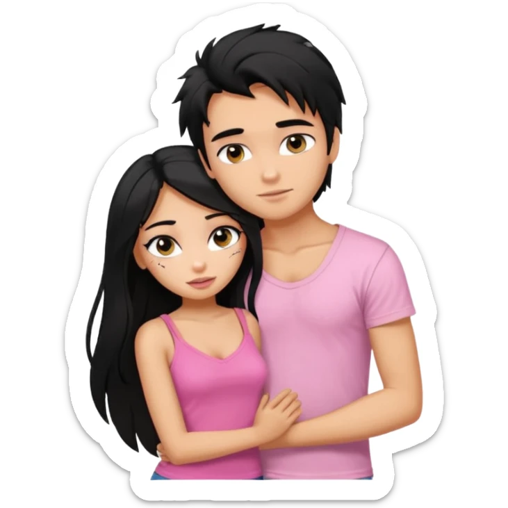 generate a pretty tan bratz boy with messy black hair wearing a white tshirt. Hugging a fair girl with long black hair, eyeliner, wearing a pink cami.  sticker