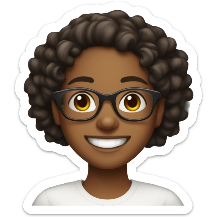 Brown skinned girl, with black curls in her hair, wearing glasses and has a big smile, she looks very happy, she has a white shirt on sticker