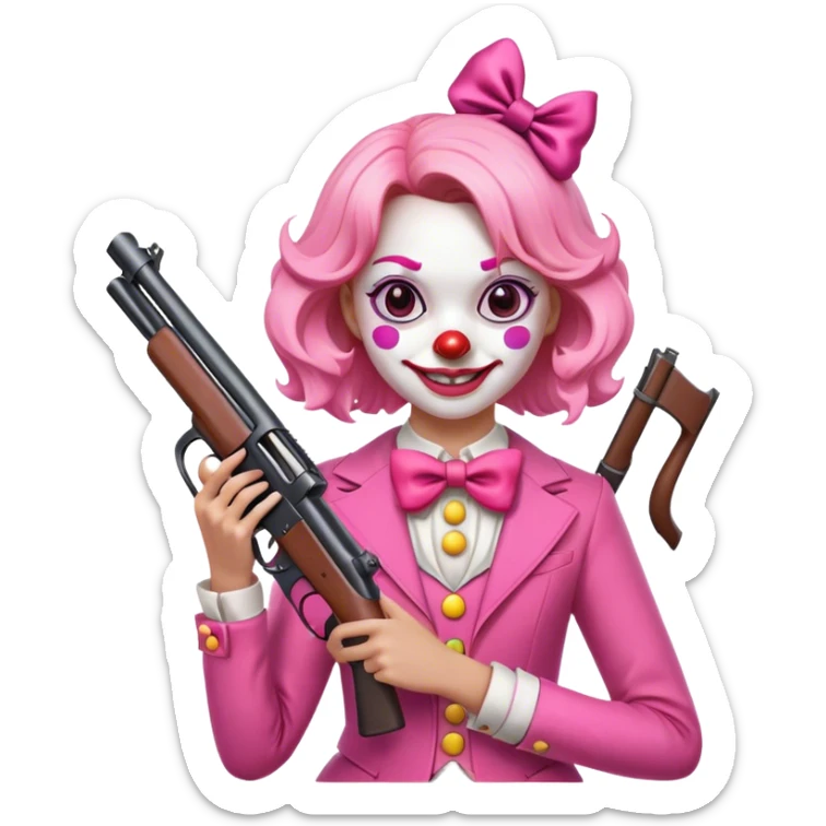 Smiling girl with clown face holding a gun with a bow with pink clothes on sticker