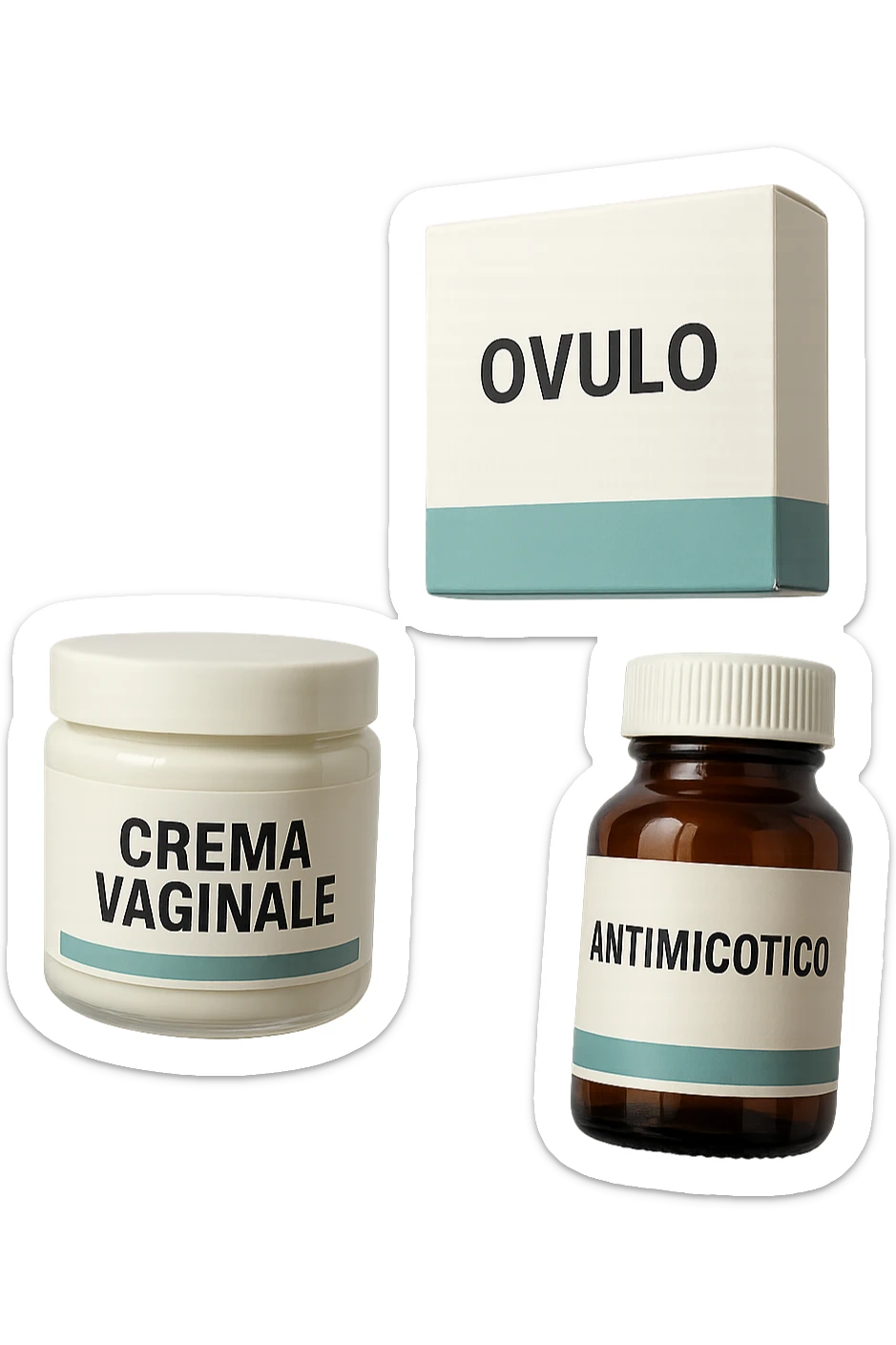 un barattolo di crema con la scritta "crema va**ale", una scatola con farmaco con la scritta "ovulo", un barattolo di farmaco con la scritta "antimicotico" in italiano sulle etichette, fluttuano in aria, IPERREALISTICO 4K sticker