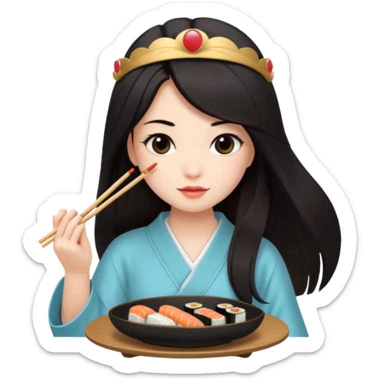 czarnowłosa ksieżniczka w dlugich wlosach je sushi sticker