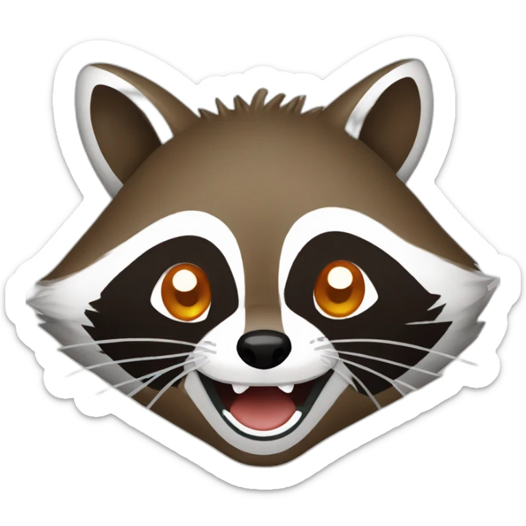 brown raccoon with orange eyes and a dark green hood that is laughing sticker